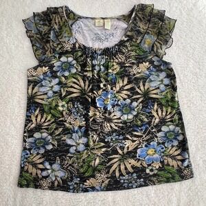Caribbean Joe Woman 2X Tropical Floral Top Ruffle Sleeve Cotton Black Blue